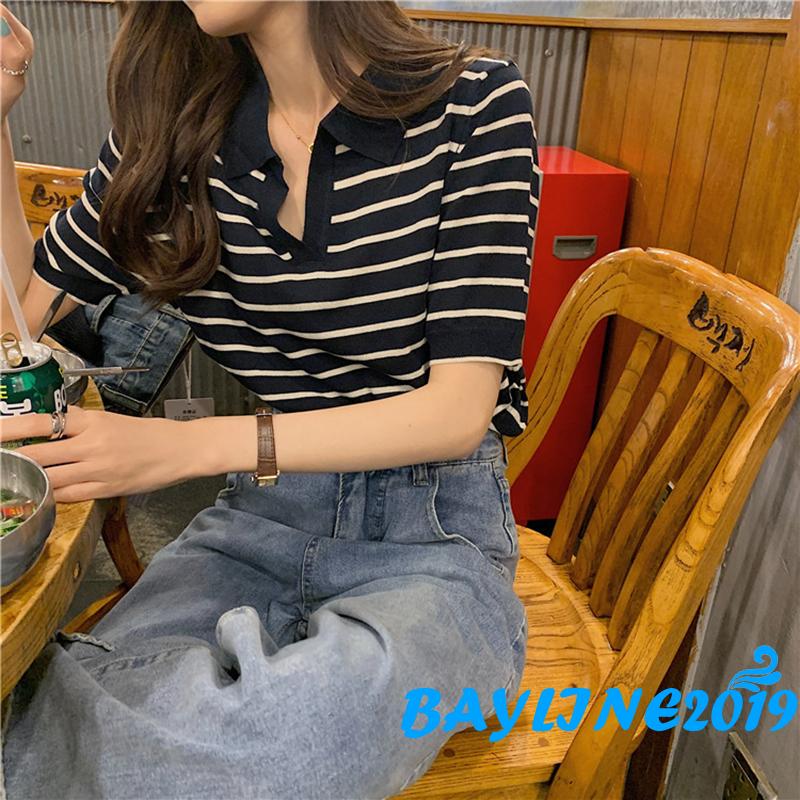 Áo Thun Polo Ngắn Tay Họa Tiết Sọc Ngang Quyến Rũ Dành Cho Nữ | BigBuy360 - bigbuy360.vn