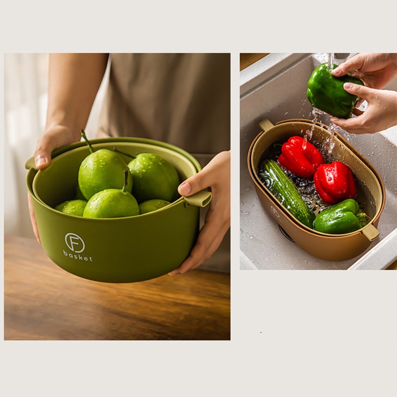 Rổ Rửa Rau Củ Quả Hai Lớp Màu Xanh Lá Cây Giúp Khô Ráo