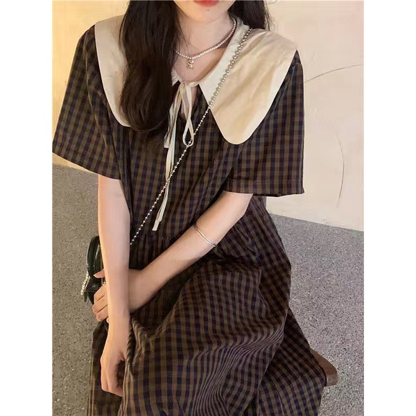 Váy Baby Doll Caro Vintage Cổ Búp Bê Thắt Nơ Xinh Xắn