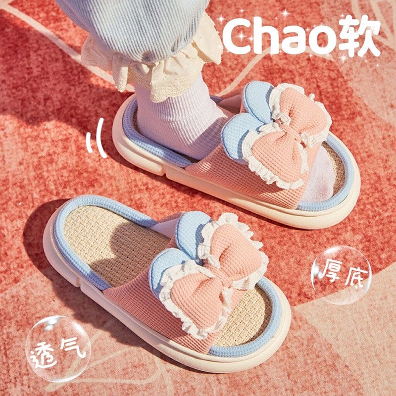 Dép Cotton Lanh Đế Dày Đính Nơ Chống Trượt Thời Trang Mùa Hè Cho Nữ