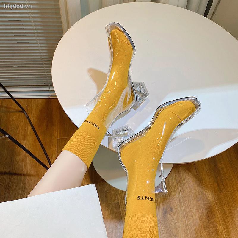 Giày bốt cao gót mũi vuông màu kẹo trong suốt phong cách mùa hè sành điệu cho nữ