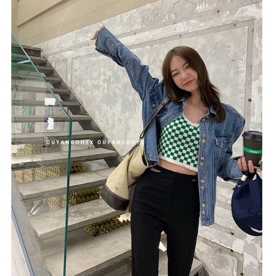  Xiaozhainv Áo Croptop Nữ Dệt Kim Không Tay Cổ V Họa Tiết Kẻ Ô Caro Thời Trang Hàn Quốc | BigBuy360 - bigbuy360.vn