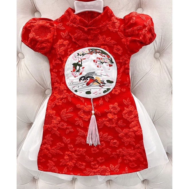 ÁO DÀI GẤM ĐỎ CHO BÉ SIZE 10-28KG 🔥TẶNG BỜM NƠ🔥 ÁO DÀi GẤM KÈM NƠ XINH XỈU CHO BÉ DIỆN TẾT