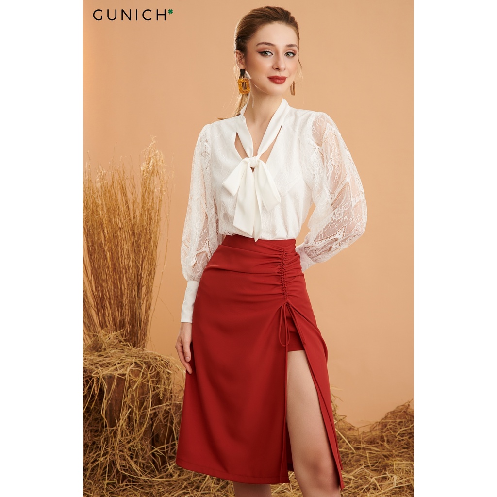 Chân váy rút dây lụa màu đỏ Gunich