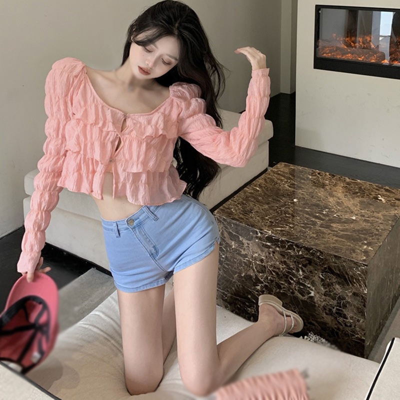 Áo Crop Top Vải Voan Tay Dài Cổ Tròn Nhún Bèo Màu Sắc Ngọt Ngào Phong Cách Hàn Quốc Thời Trang Cho Nữ