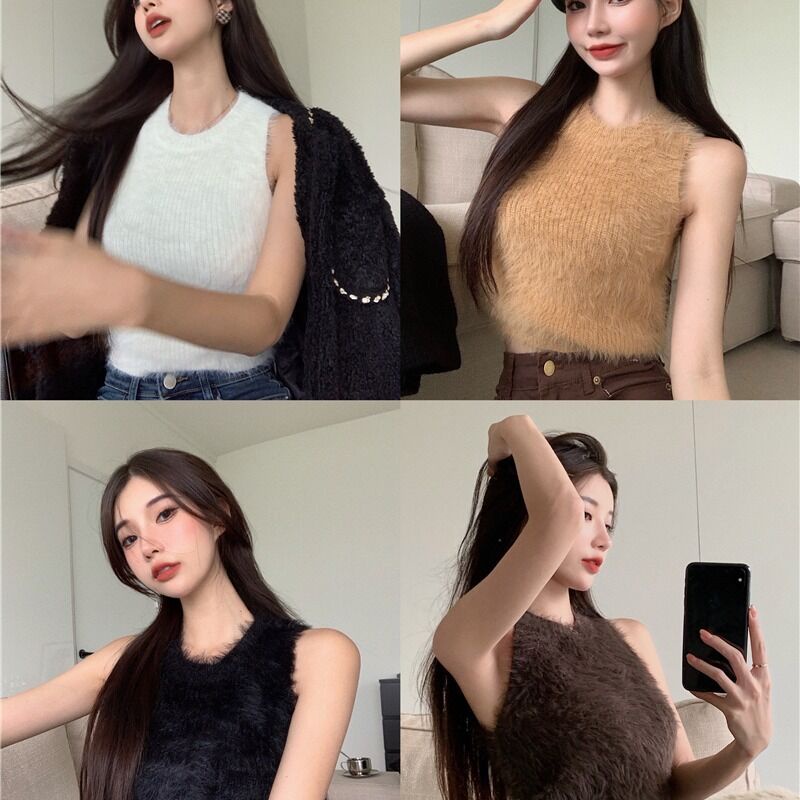 Áo dệt kim sát nách cổ tròn màu trơn đơn giản hợp thời trang