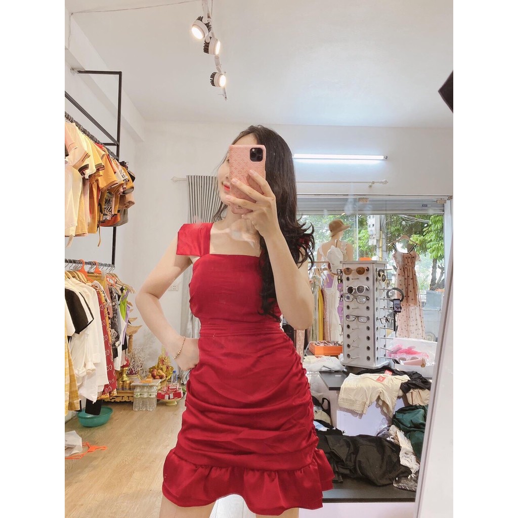 Váy đầm nữ body hai dây bản to nhún bèo lai có kèm mút ngực thích hợp mặc đi tiệc, đi chơi