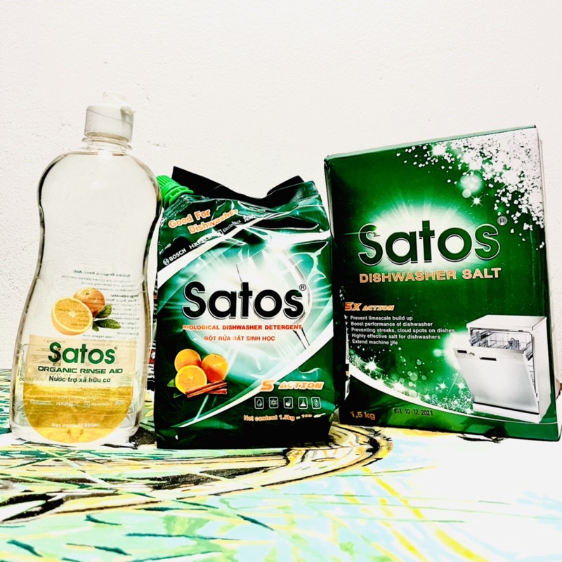Combo Bột Muối sinh học Satos 1,5kg và Nước bóng Satos 500ml dùng cho máy rửa bát