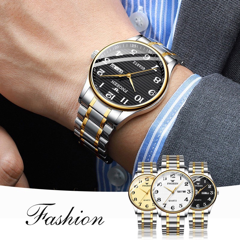 Đồng hồ nam FNGEEN F9 mặt số tròn có lịch thứ lịch ngày dây thép không gỉ