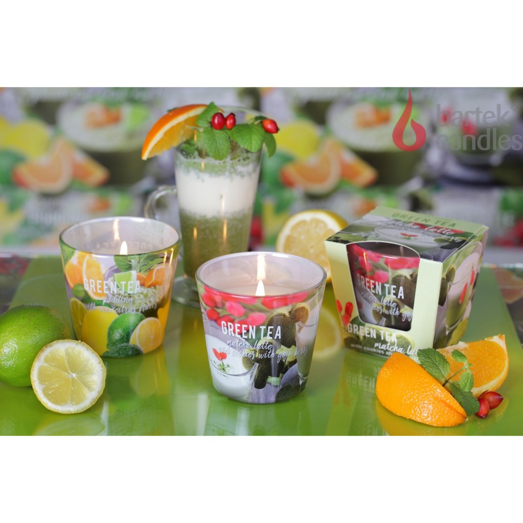 Ly nến thơm Bartek Candles BAT6434 Green Tea Pudding - Matcha Latte 115g (Hương trà xanh hoa quả)