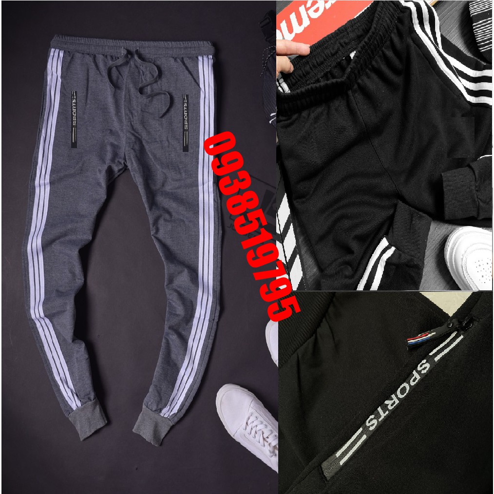Quần Jogger Thể Thao Thun 3 Sọc Túi Khóa Nam Nữ Co Giãn Mềm Mịn