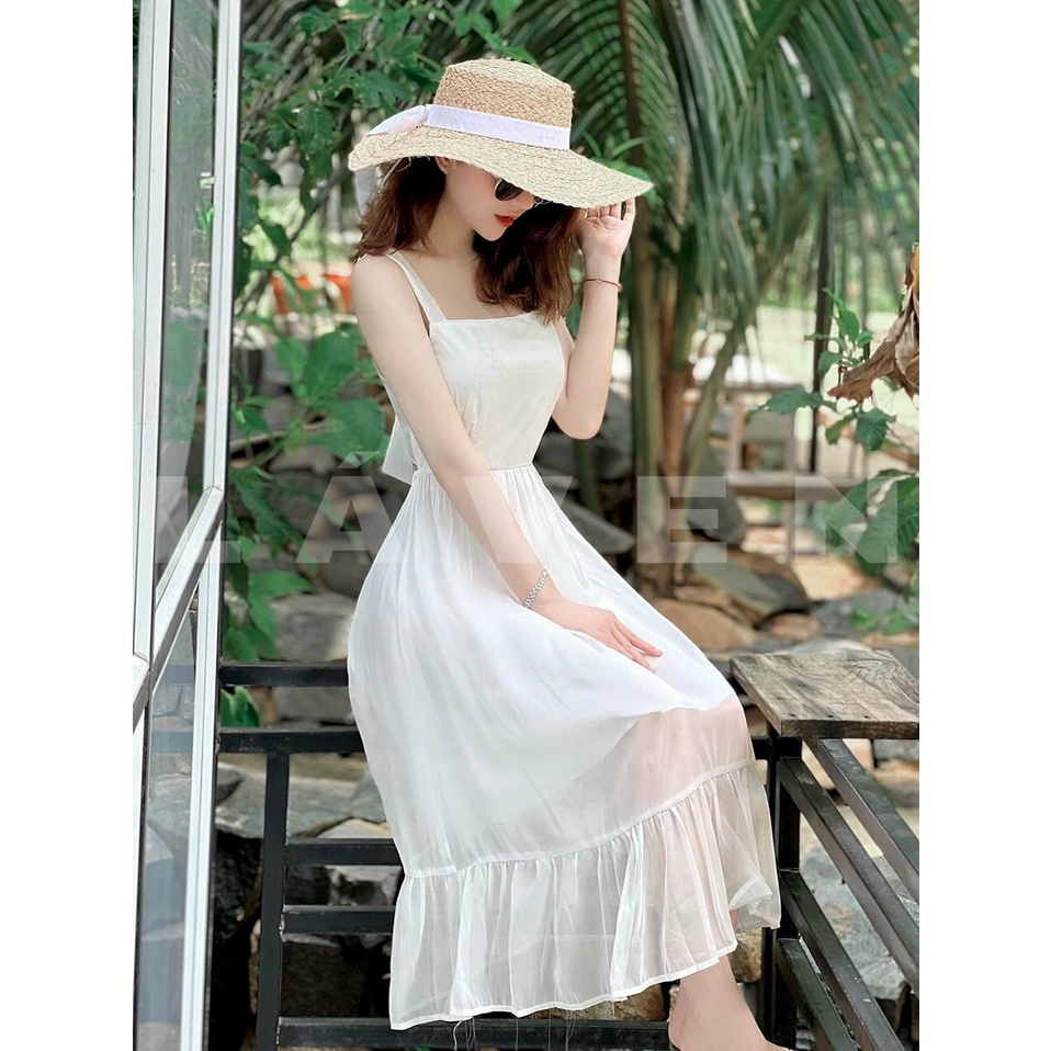 Đầm maxi đi biển hở lưng 2 dây cột nơ dáng xòe ChemMix siêu xinh cho nàng đi biển, dạo phố