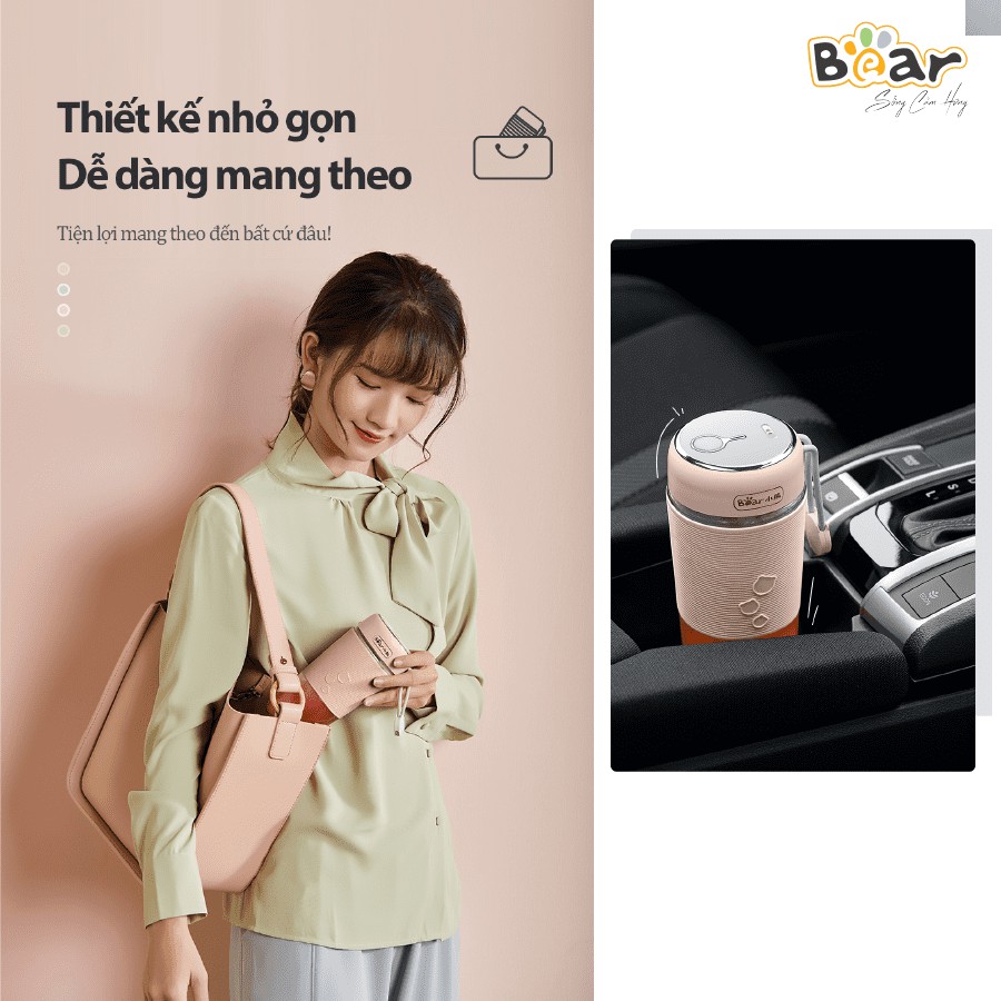 [Quốc tế] Cốc xay sinh tố mini cầm tay bỏ túi 400ml sạc pin Bear LLJ-B03C1 50W màu hồng - Hàng chính hãng