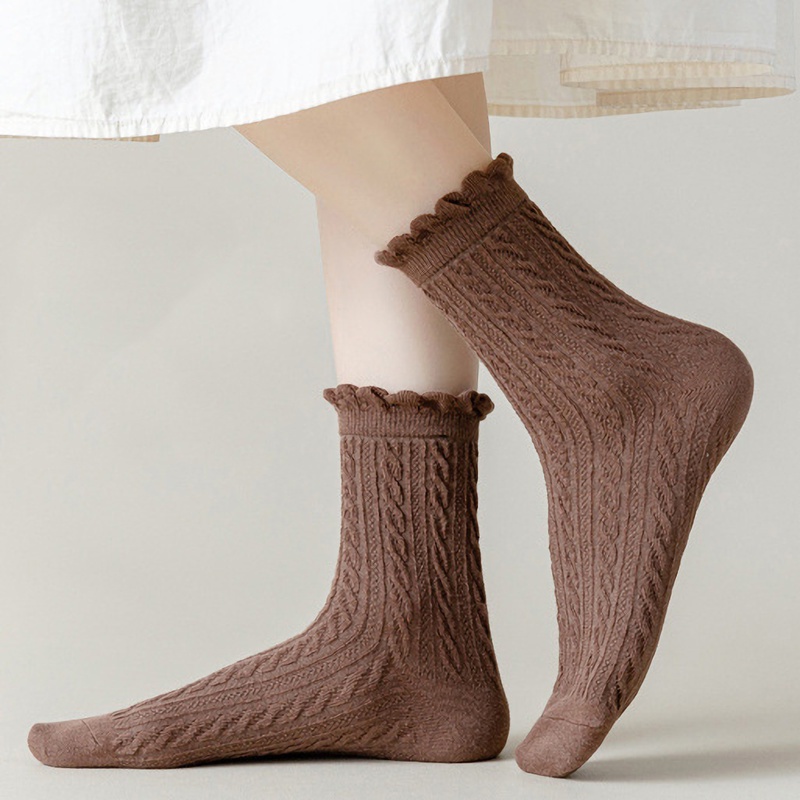 Đôi Vớ Cotton Mềm Thoáng Khí Phối Ren Nhún Bèo Màu Trơn Phong Cách Nhật Bản Dễ Thương Cho Nữ