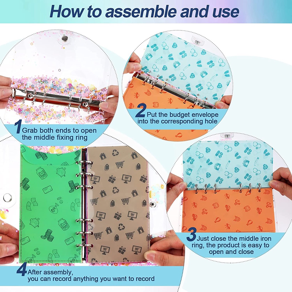 Set bìa sổ còng khổ A6 họa tiết kim tuyến với 12 ngăn đựng+12 giấy ghi chép+túi PVC+thước+2 nhãn dán(Có bán lẻ)