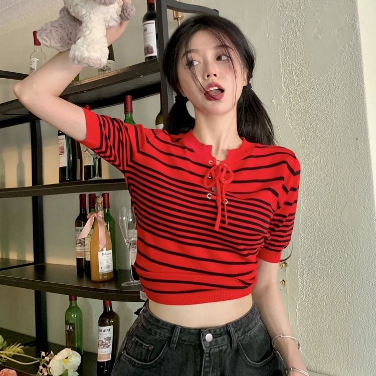 【ZHELIHANGFEI】Áo Thun Tay Ngắn Hoạ Tiết Kẻ Sọc Thiết Kế Cột Dây Quyến Rũ Hợp Thời Trang