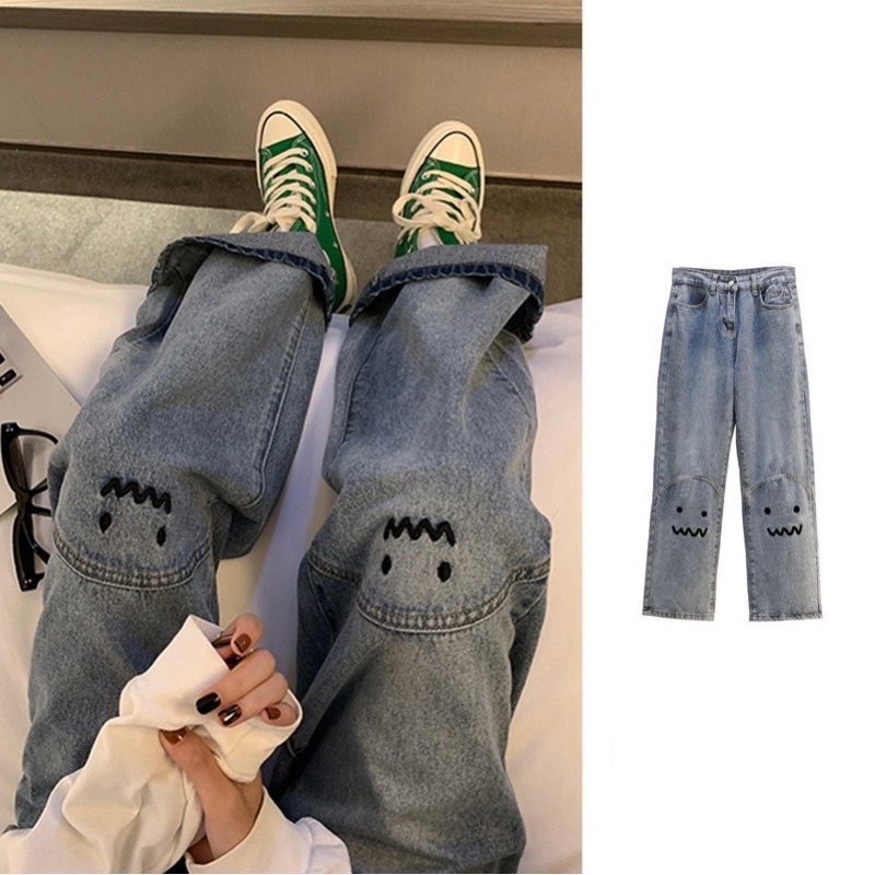 632 | Quần Bò Jeans Mặt Cười Ống Suông Rộng Dáng Dài Đáng Yêu Phong Cách Ulzzang Hàn Quốc