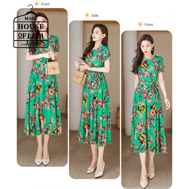 Flower Printed Bowknot Waist-slimming Long Skirt  Short-sleeved Dress Crew-neck Size Women Plus