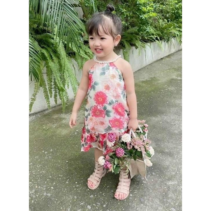 Váy yếm voan cổ đính cườm cổ cho bé, đầm dây trẻ em, váy thô hoa phong cách cá tính họa tiết RIo hàng có sẵn kèm video