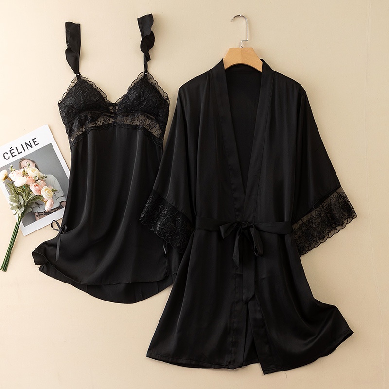 Bộ Đồ Ngủ Vải Lụa Mỏng Phối Ren Có Miếng Đệm Ngực Thời Trang Mùa Hè Quyến Rũ Cho Nữ