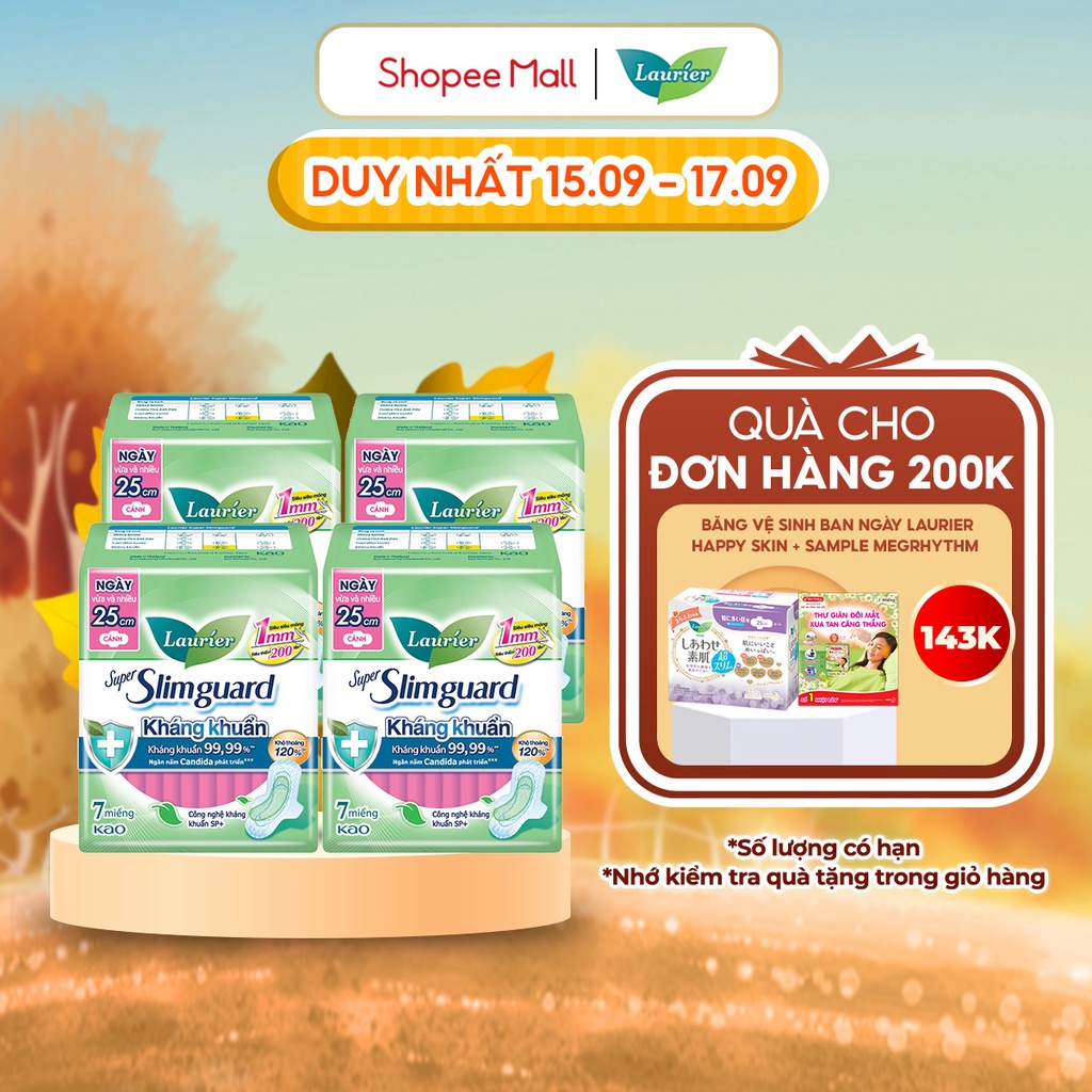 Combo 4 gói BVS Laurier Siêu Mỏng 1mm Kháng khuẩn 25cm 7 miếng
