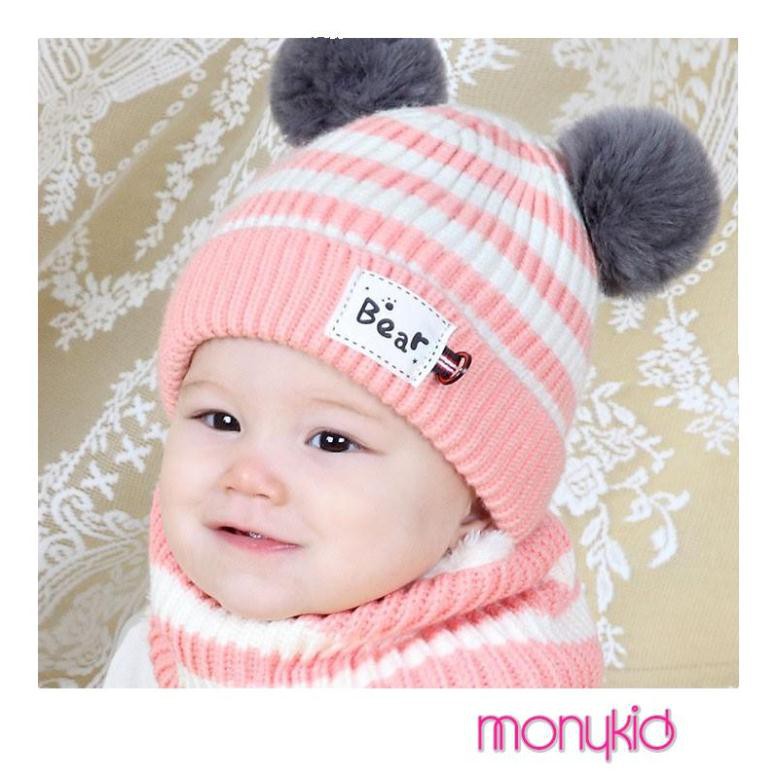 Mũ len cho bé, Sét mũ và khăn cổ 2 quả bông cho bé 6 tháng đến 3 tuổi, mũ len MKH34 - Bebekids