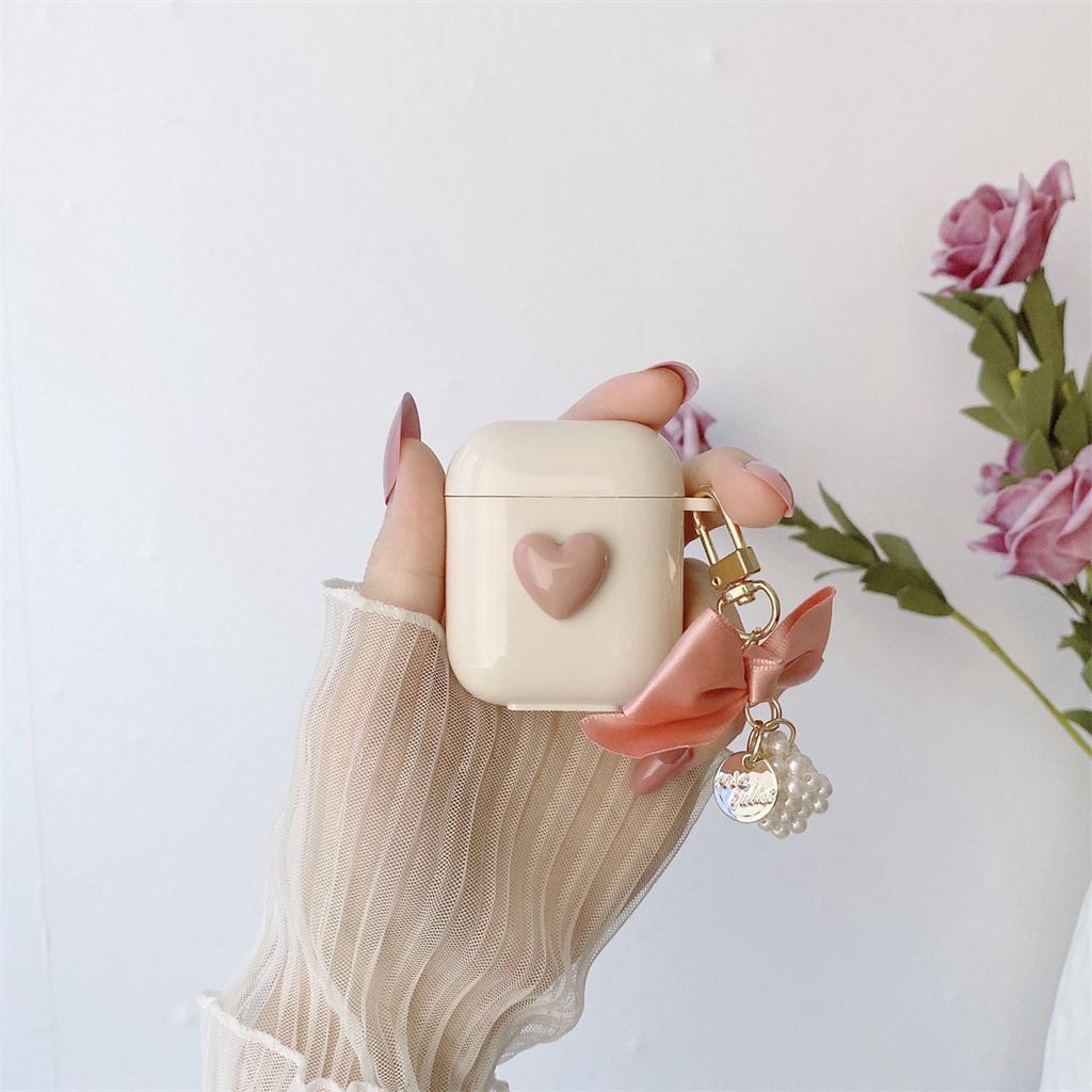 Vỏ Bảo Vệ Hộp Sạc Tai Nghe AirPods Pro 1 2 3 Hình Hộp Sữa Trái Tim Màu Trắng Kèm Dây Đeo Ốp