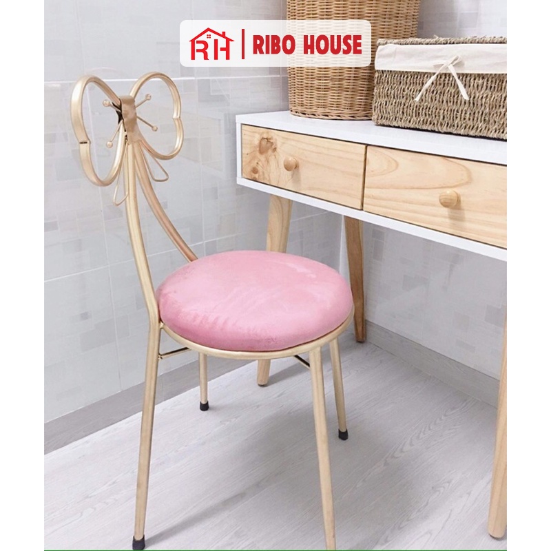 Ghế nơ RIBO HOUSE đệm vải nhung nỉ, ghế trang điểm trang trí phòng ngủ phòng khách decor quán cà phê nails spa RIBO40