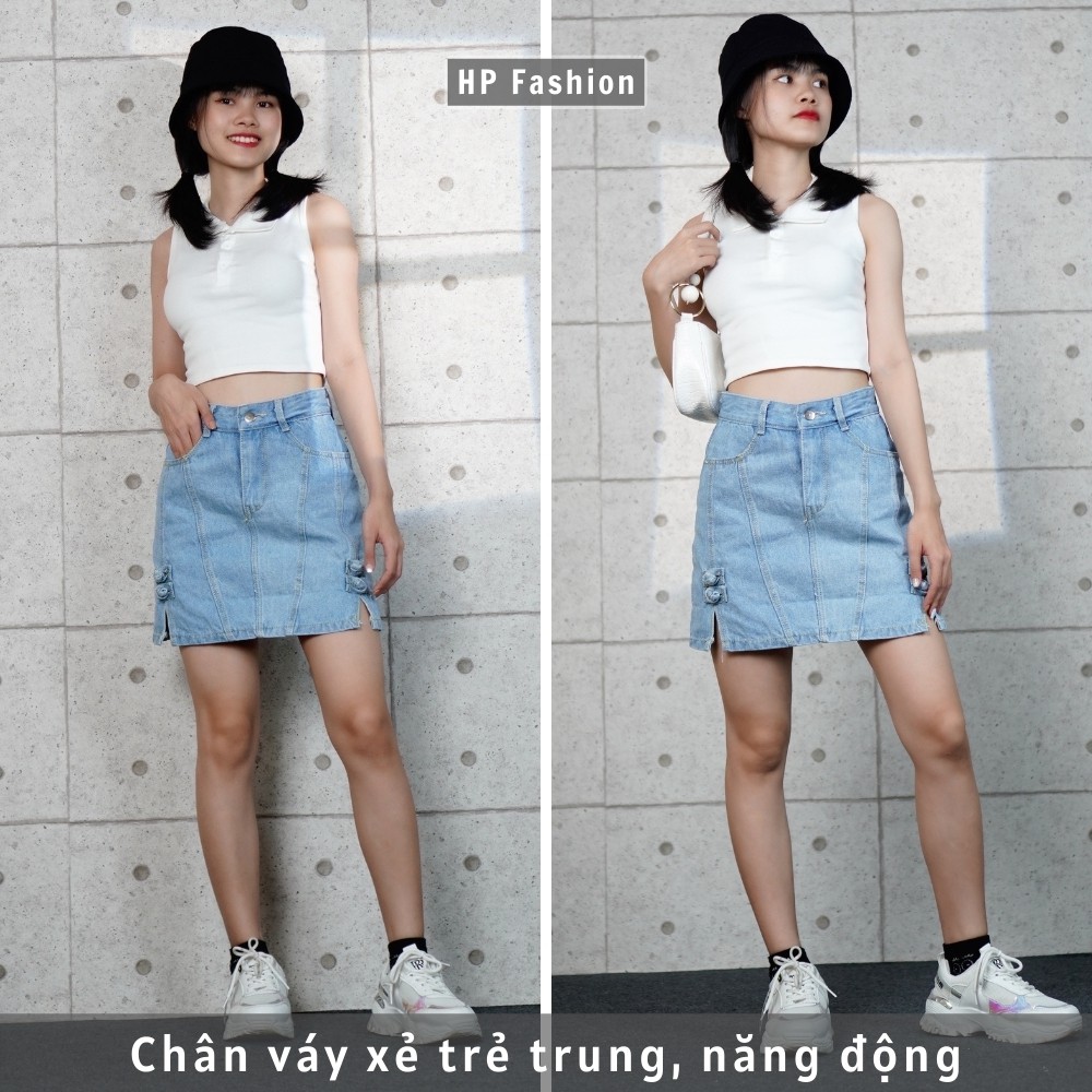 Chân váy jean chữ A xẻ tà cực xinh, chân váy bò nữ cạp lưng cao dáng ngắn trẻ trung - QJ29 - Happy Style