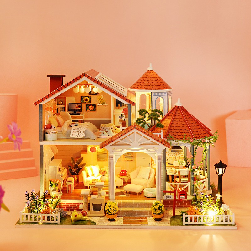 Mô hình nhà DIY Doll House Coloured Glaze Time Kèm Mica Chống bụi, Bộ dụng cụ, Keo dán và Bộ phát nhạc