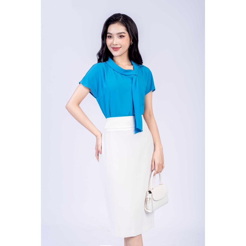 Áo sơ mi tay hến, cổ lệch buộc nơ MMOutfit M-AO071021222