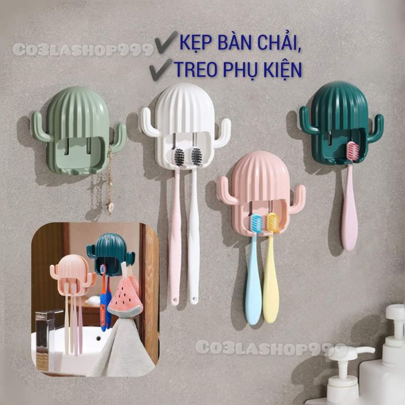 Kệ kẹp bàn chải đánh răng hình cây xương rồng có nhánh treo phụ kiện phòng tắm ( 1 CÁI)