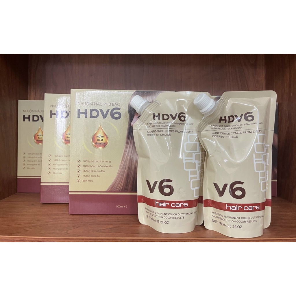 Kem Nhuộm Phủ Bạc Màu Nâu Không Dính Da Đầu HDV6 500ml x2