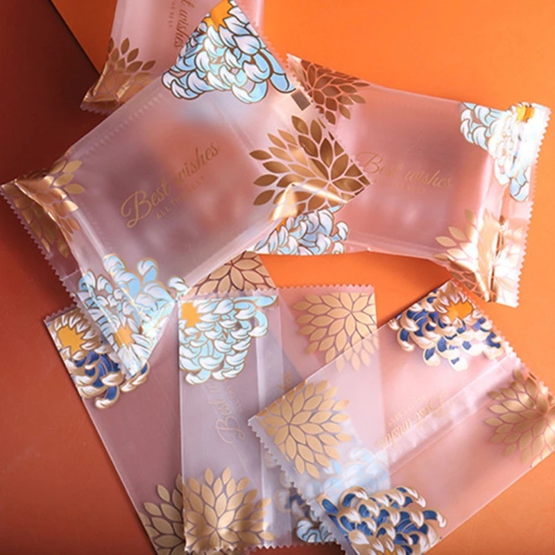 Set 100 Túi Đựng Bánh Trung Thu / Kẹo Bằng Nhựa Trong Suốt Họa Tiết Hoa Cúc