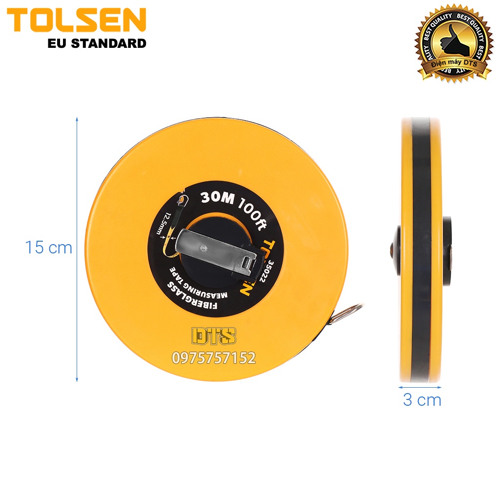 Thước dây cuộn 30m công nghiệp sợi thuỷ tinh TOLSEN, thước cuốn đa năng nhựa ABS bọc cao su siêu bền, tốc độ cuốn nhanh