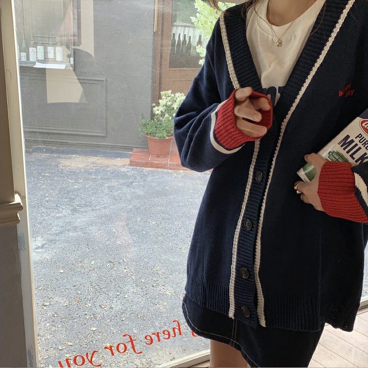 {HCM / CÓ SẴN} ÁO KHOÁC LEN CARDIGAN XANH ĐEN PHỐI VIỀN OVERSIZE PHONG CÁCH HÀN QUỐC