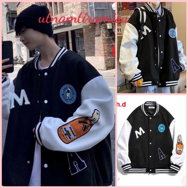 Áo bomber khoác Chai Nước Chữ MChất gió vs nỉ tay áo và gấu áo có bo dệtfreesize 55kgphong cách hàn quốc