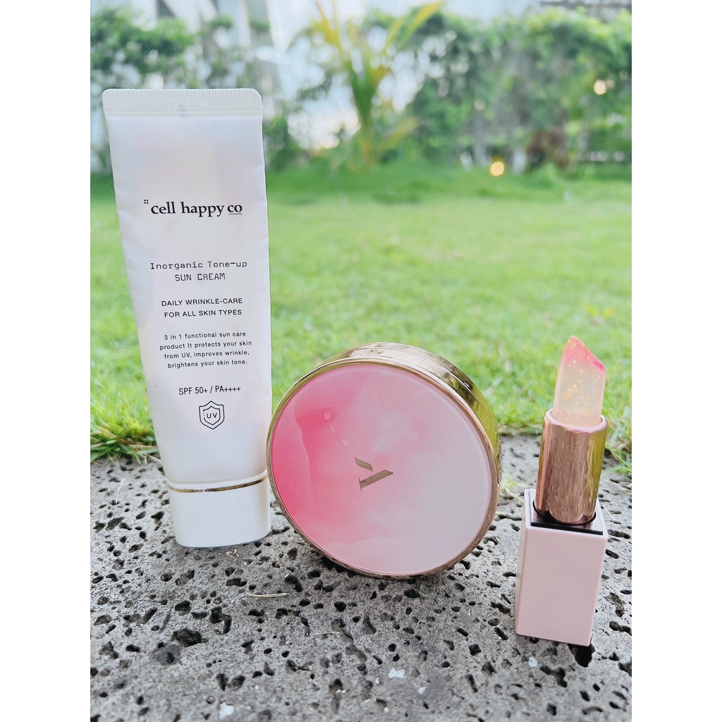Combo trang điểm Cushion tươi dưỡng da có màu 99% dưỡng, 1% make + Kem chống nắng Cell Happy Co 3in1 làm trắng