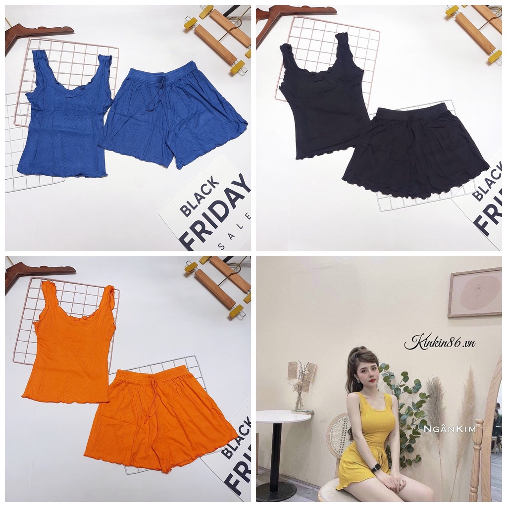 Sét đồ ngủ sexy co giãn thun tăm mát lạnh, bộ ngủ 3 lỗ viền bèo nữ BBN002