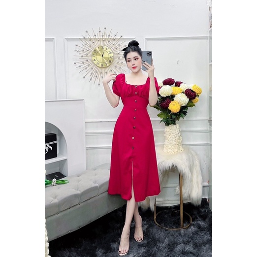 Đầm trơn cổ vuông phối cúc kèm dây cột eo siêu xinh Linh Htt