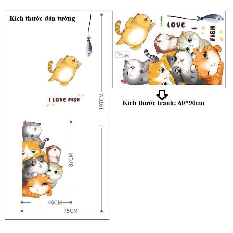 Tranh decal trang trí tủ lạnh dán tường NHỮNG CHÚ MÈO YÊU CÁ siêu yêu - Decal dán chi tiết rời