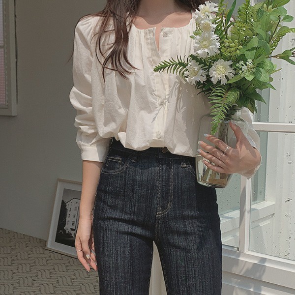 SUXI Áo Sơ Mi Tay Dài Màu Sắc Đơn Giản Phong Cách Vintage Hàn Quốc