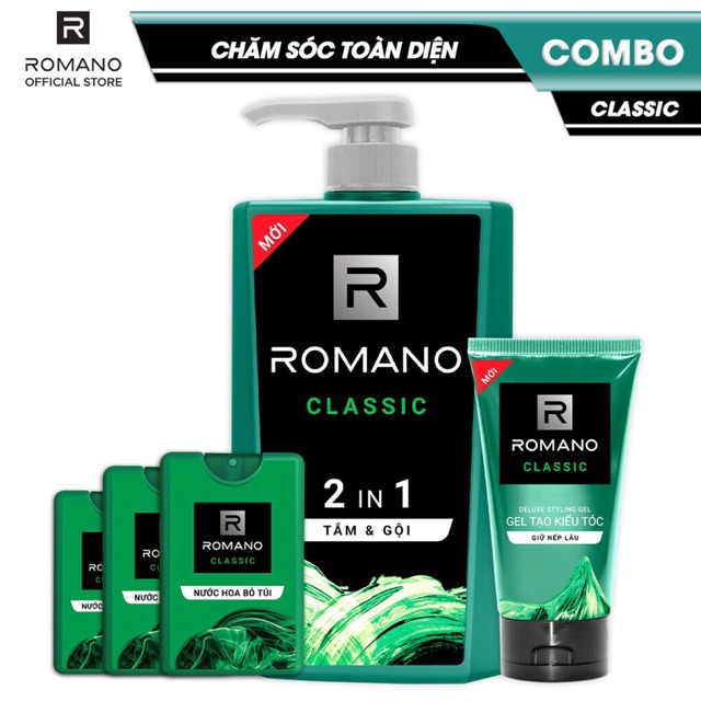 Combo Romano gồm : 1 chai tắm gội Romano 650g, 3 chai nước hoa bỏ túi, 1 gel vuốt tóc 150g