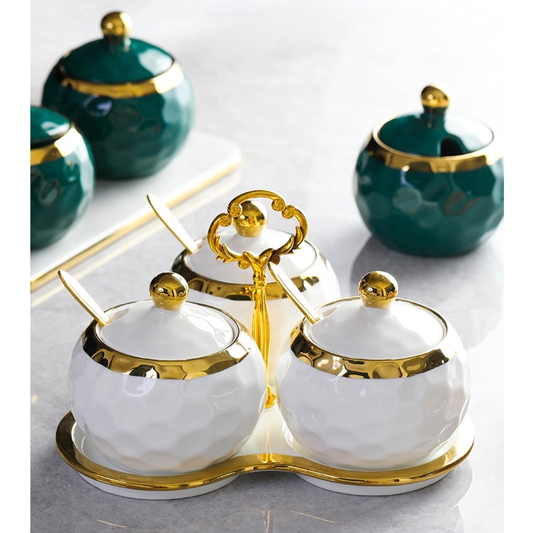 Bộ 3 hũ đựng gia vị sứ tròn nhiều màu viền vàng cao cấp phong cách Bắc Âu