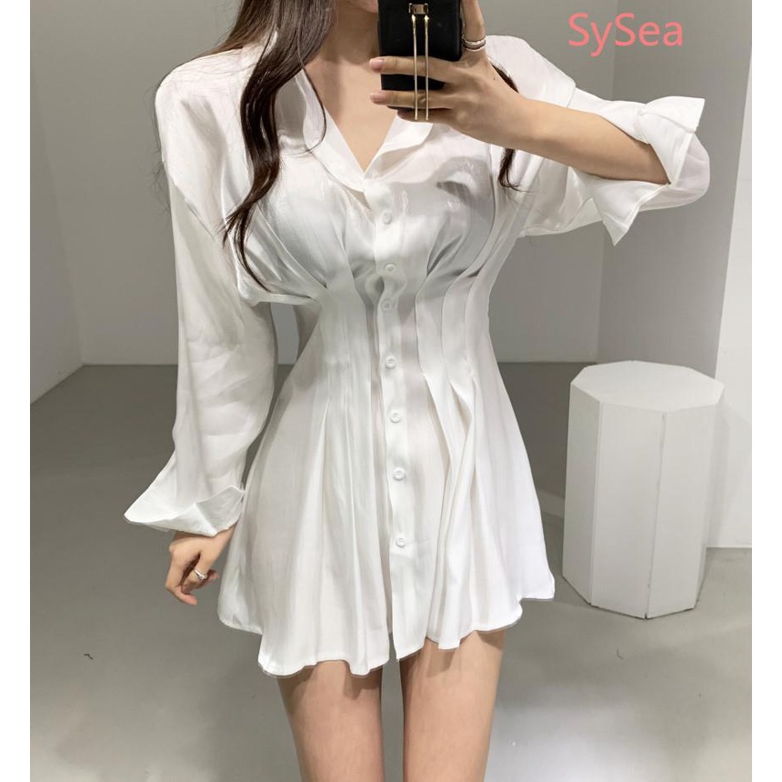 Đầm chiffon tay dài xếp ly thời trang công sở thanh lịch cho nữ