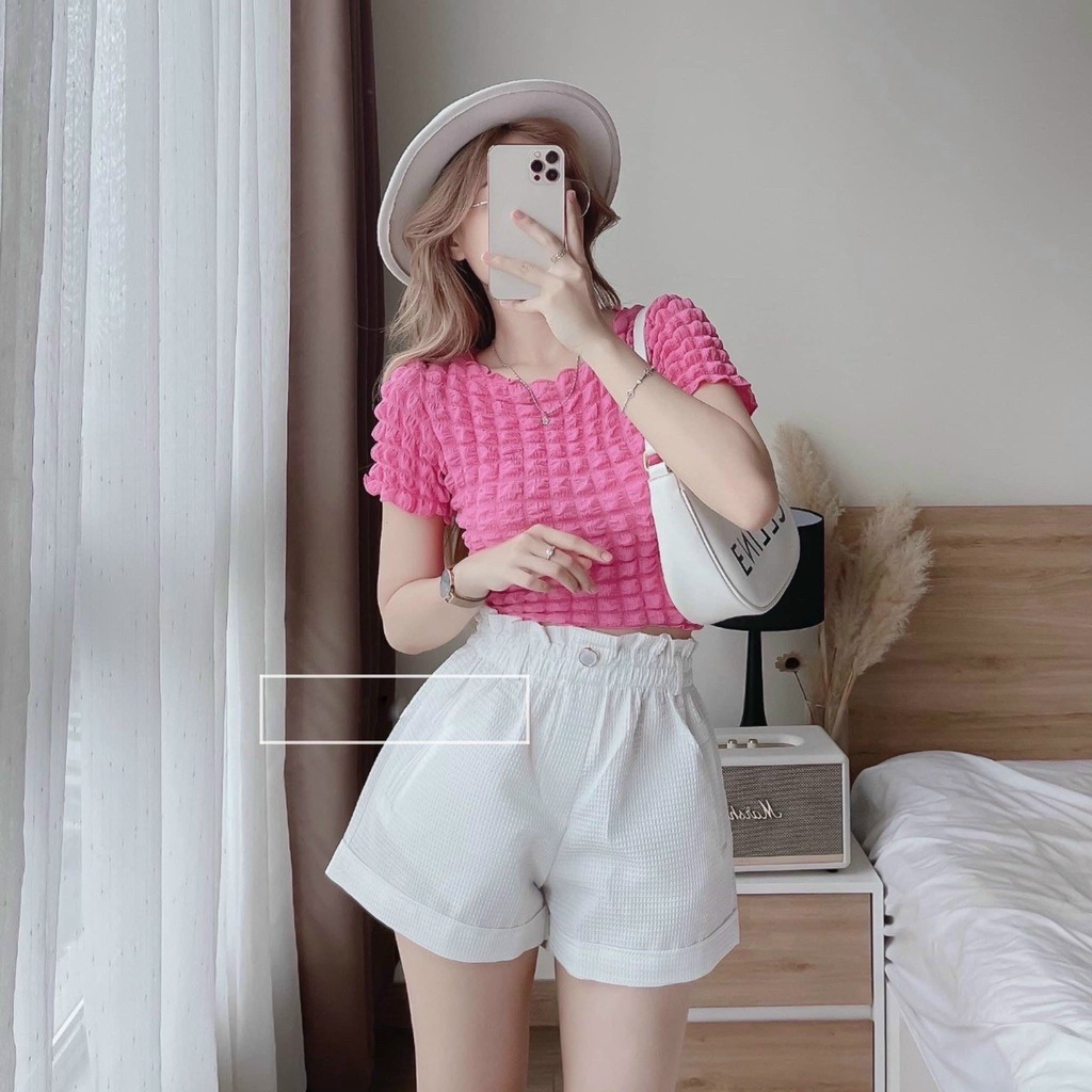 Quần short nữ cạp cao chất vải tổ ong hàng mới siêu Hot Quần đùi nữ mặc nhà ống rộng cạp chun lưng cao có túi thể thao