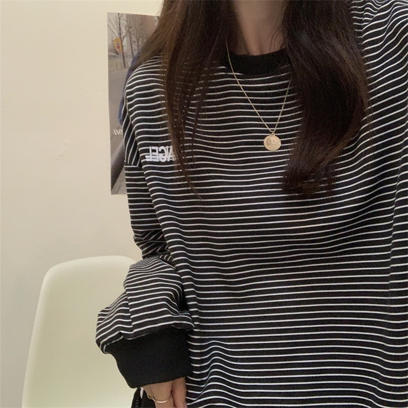 Áo sweatshirt SUXI tay dài họa tiết kẻ sọc phong cách Hàn Quốc thời trang mới