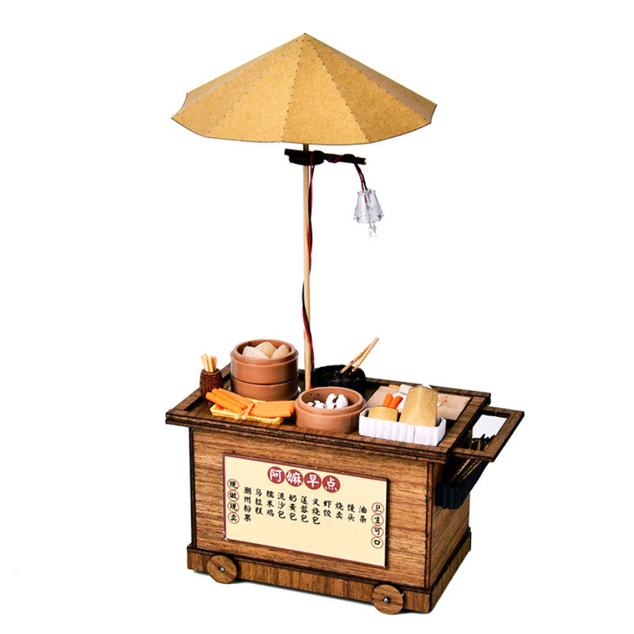 Mô hình nhà búp bê – Gánh hàng rong bán đồ ăn sáng với cháo quẩy, xá xíu, bánh bao