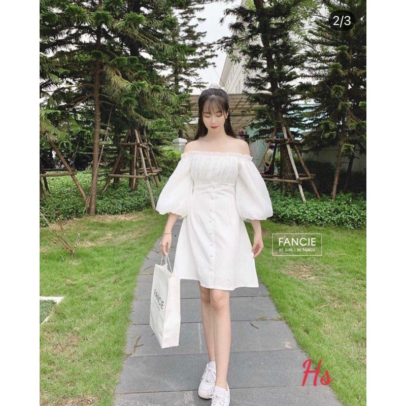Đầm Nữ Voan Trễ Vai Tay Phồng 🦋 Váy Nữ Triết Eo Dáng Lỡ 2 Màu 🦋 | BigBuy360 - bigbuy360.vn