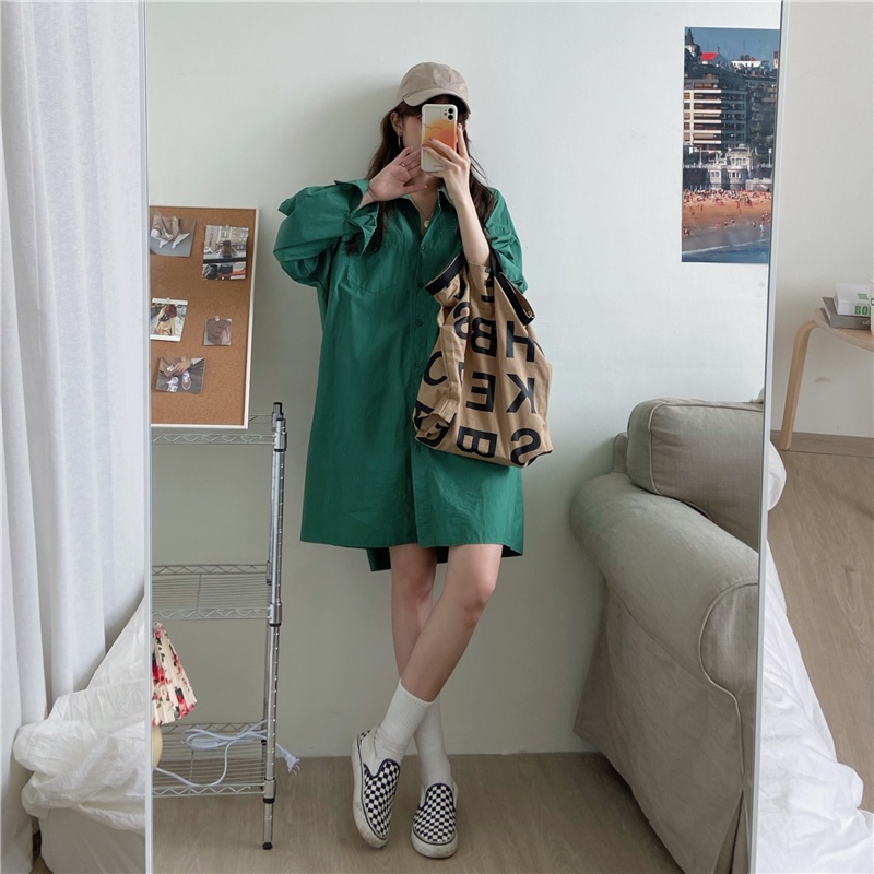Đầm sơ mi XIAOZHAINV dáng rộng tay dài phong cách Hàn Quốc thời trang đơn giản dễ phối đồ dành cho nữ